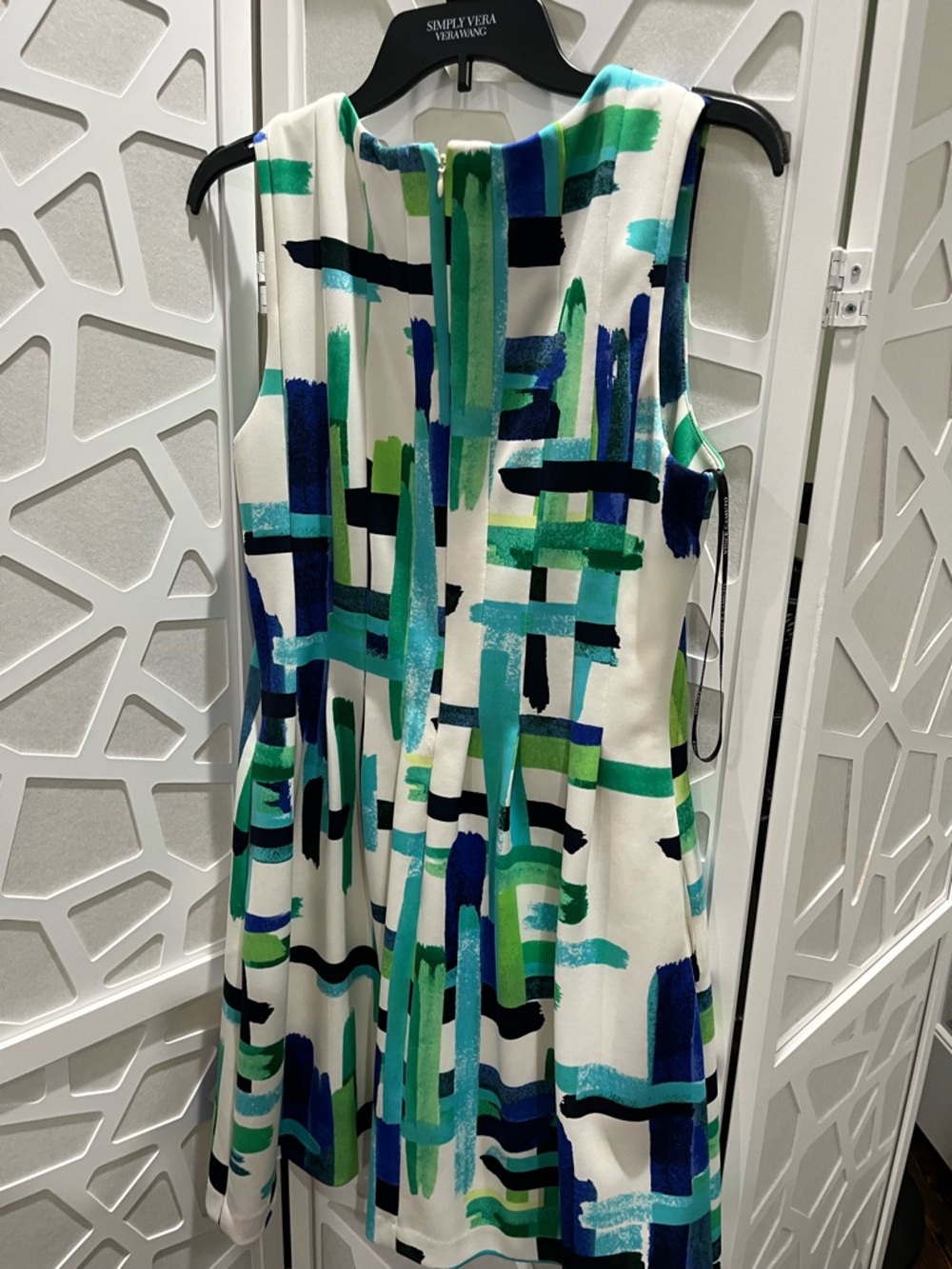 Vince Camuto White Dress with Blue & Green Abstract Brushstrokes